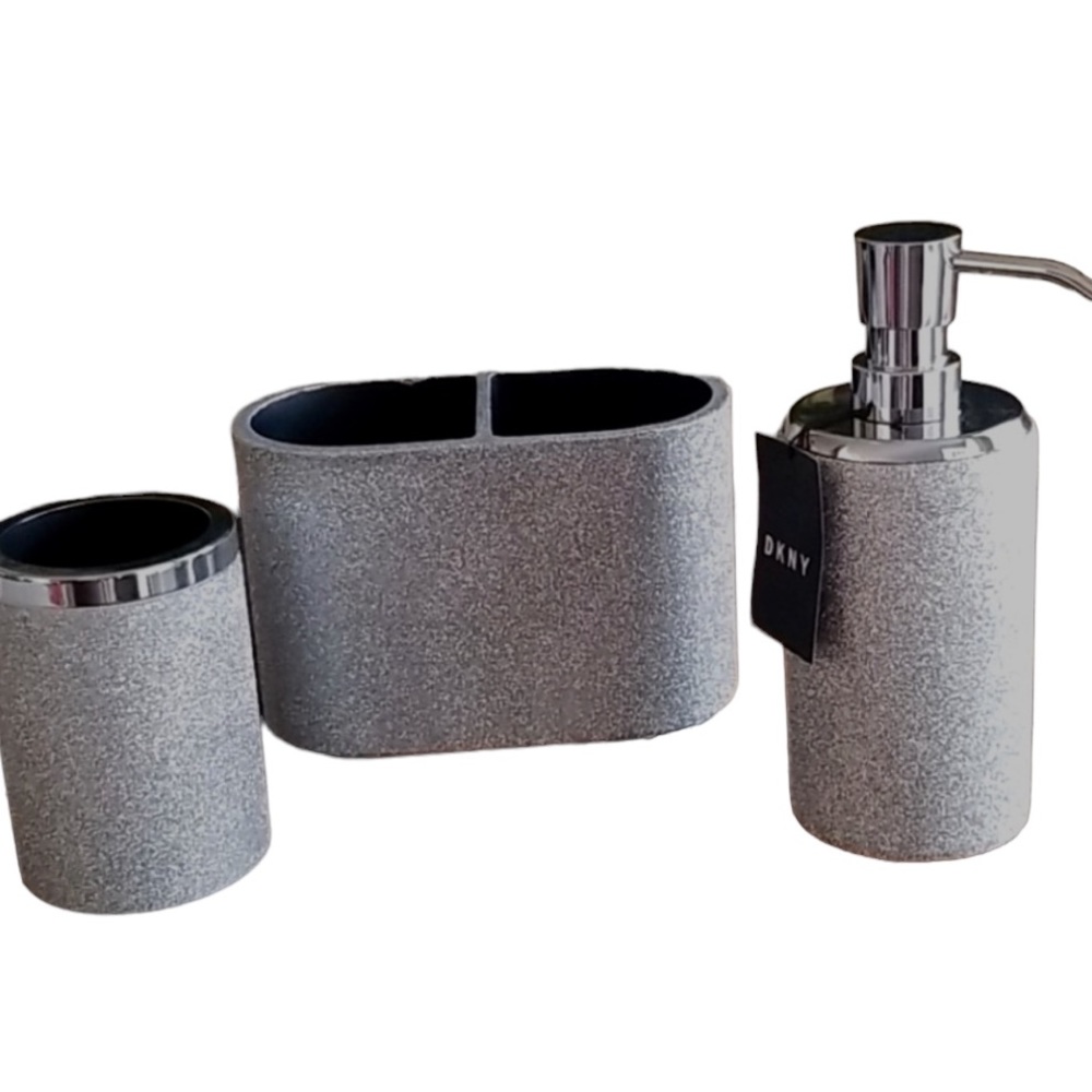 DKNY BATH ACCESSORY SILVER SPARKLE GLITTER SOAP PUMP TUMBLER TOOTHBRUSH HOLDER